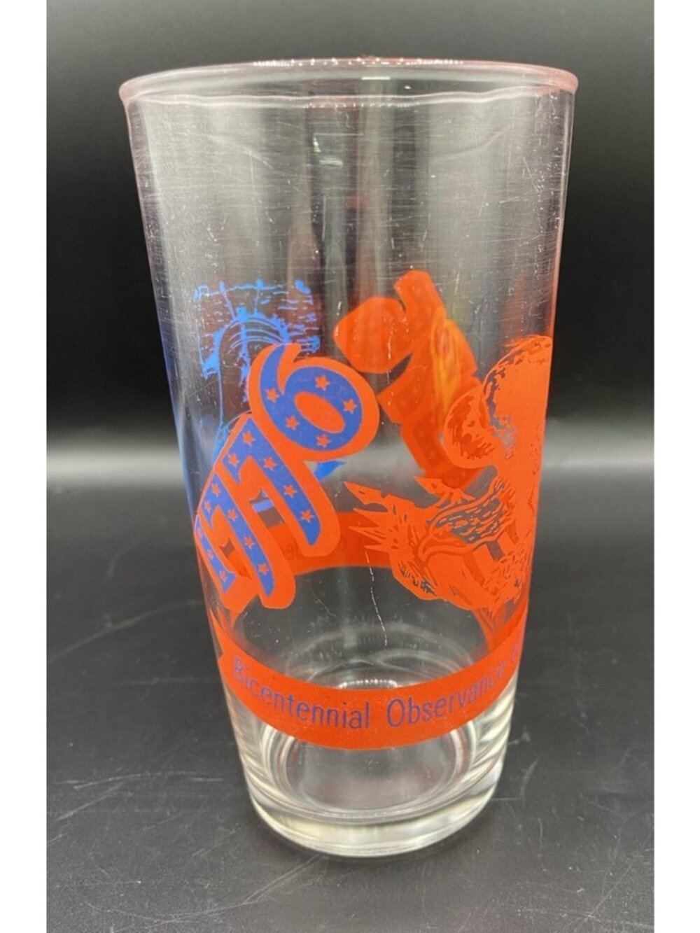 Vintage Hazel Atlas Glass Sour Cream Bicentennial Tumbler Red Blue USA 16 Oz